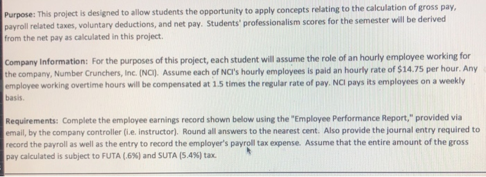  Purpose: This project is designed to allow students the opportunity to
