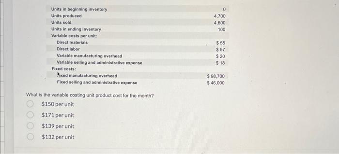  What is the variable costing unit product cost for the month?