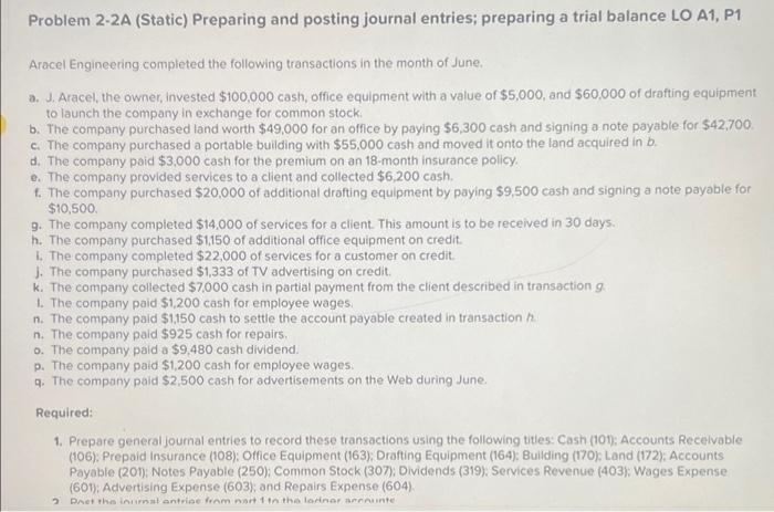  Problem 2-2A (Static) Preparing and posting journal entries; preparing a trial
