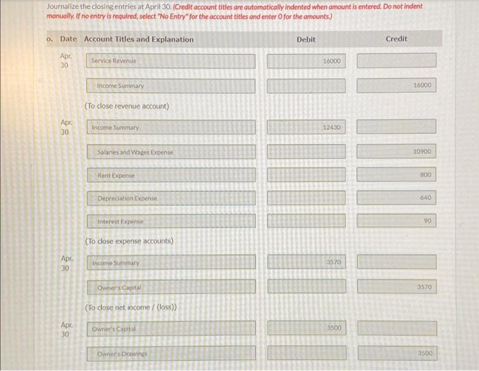 April 30. (Credit account titles are automatically indented when amount is entered,