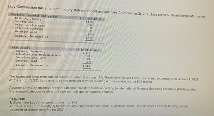  Lacy Construction has a noncontributory, defined benefit pension plan At December