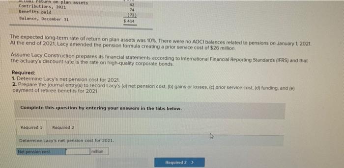 31, 2021, Lacy received the following information: Projected Benefit obligation Balance, January