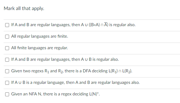 Mark all that apply. If A and B are regular languages,