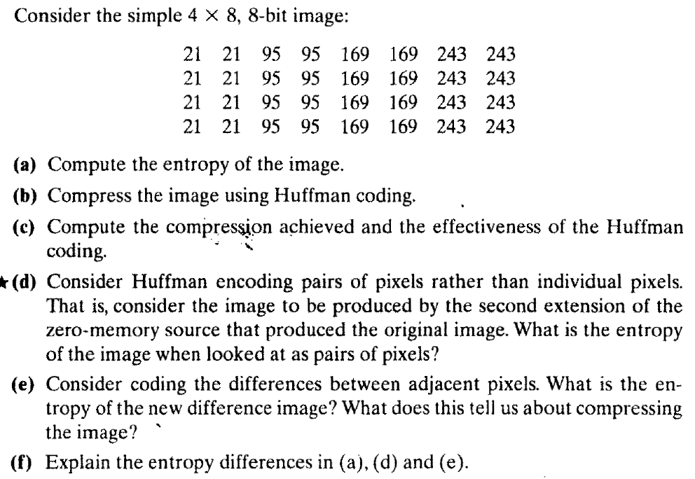  Consider the simple 48,8-bit image: (a) Compute the entropy of the