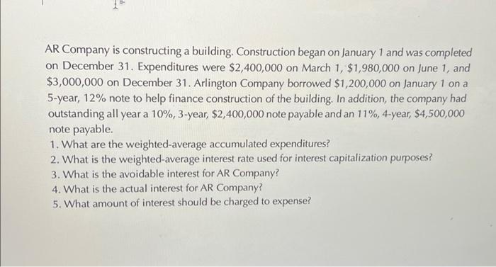  AR Company is constructing a building. Construction began on January 1