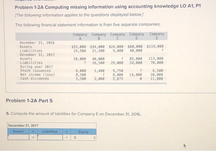 please fill out all charts. B Problem 1-2A Computing missing information using
