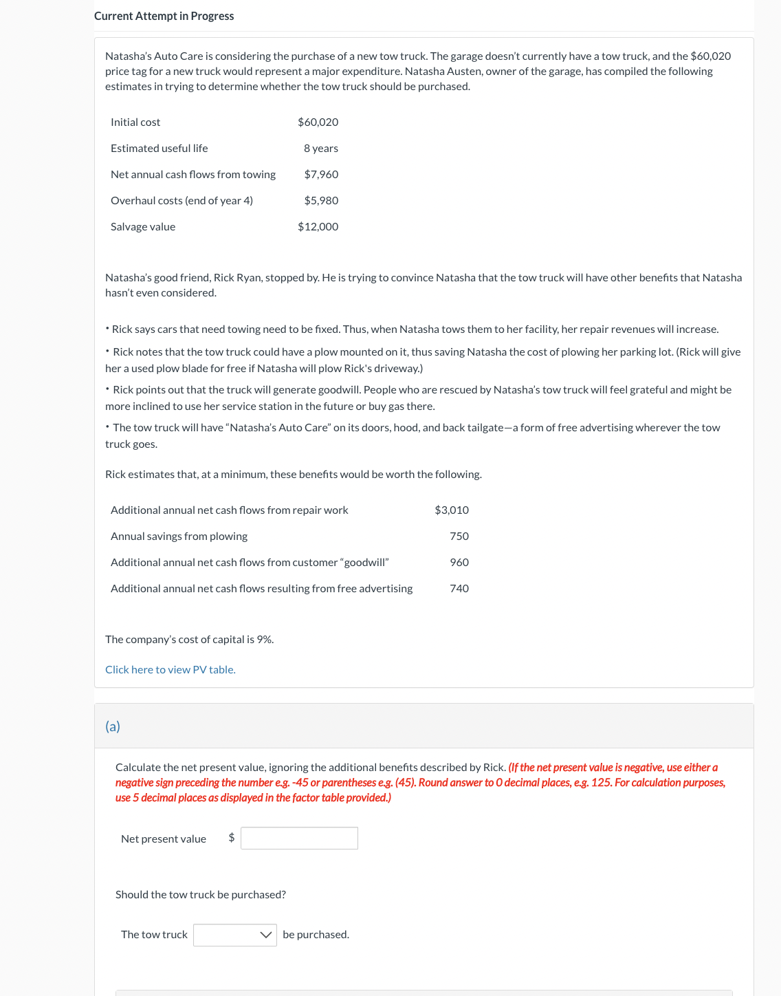 Current Attempt in Progress Natasha's Auto Care is considering the purchase of