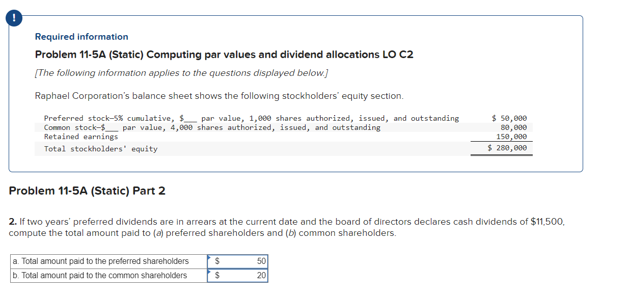  Required intormation Problem 11-5A (Static) Computing par values and dividend allocations