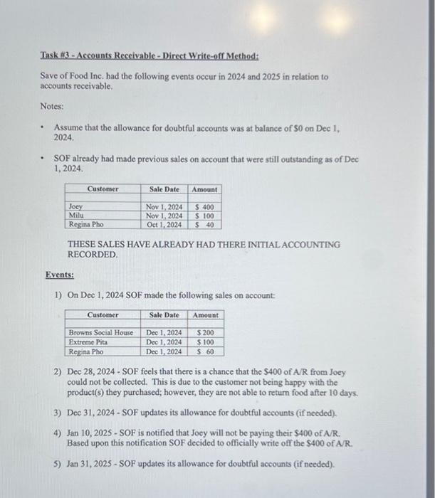  Task #3 - Accounts Receivable - Direct Write-off Method: Save of