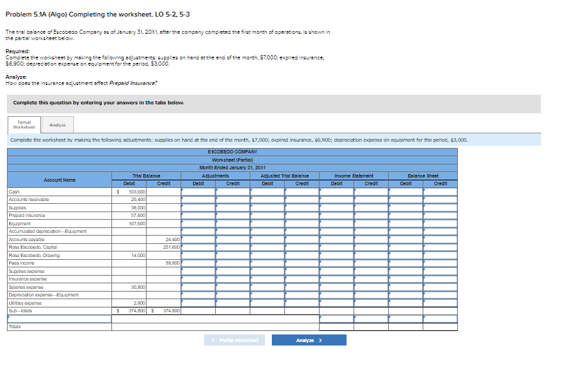 Problem 5.1A (Algo) Completing the worksheet. LO 5.2, 5-3 The trisl