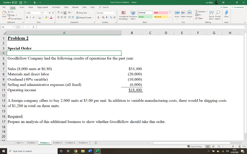  Exam Practice Problems - Sawad Lee Miller - X Comments AutoSave