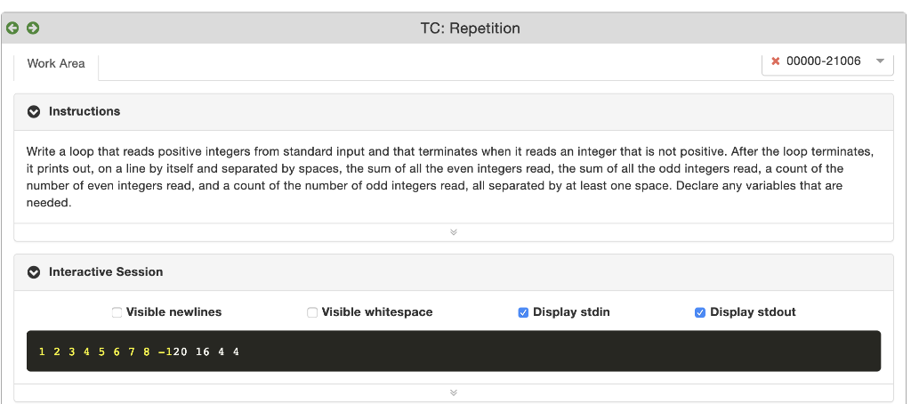Using java please help TC: Repetition Work Area 00000-21006 Instructions Write a