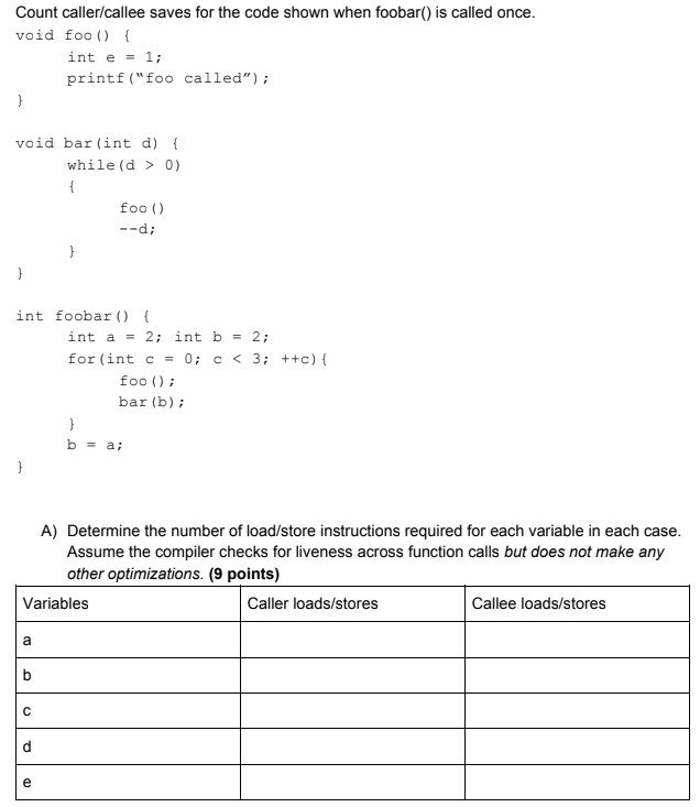  Count caller/callee saves for the code shown when foobar() is called