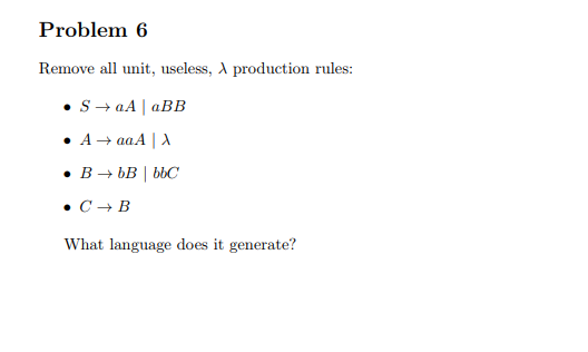 What language does it generate?: See image Problem 6 Remove all unit,