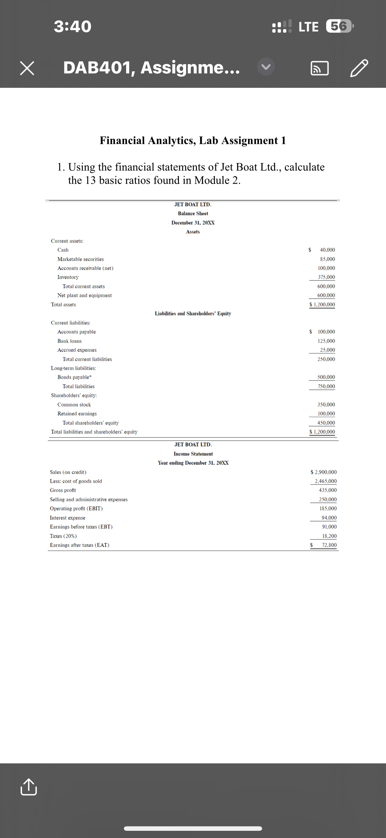  DAB401, Assignme... Financial Analytics, Lab Assignment 1 Using the financial statements