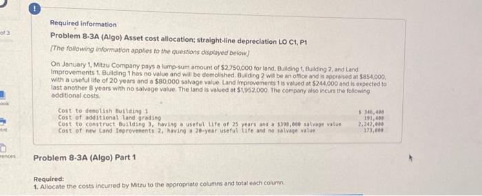  Required information Problem 8-3A (Algo) Asset cost allocation; straight-line depreciation LO