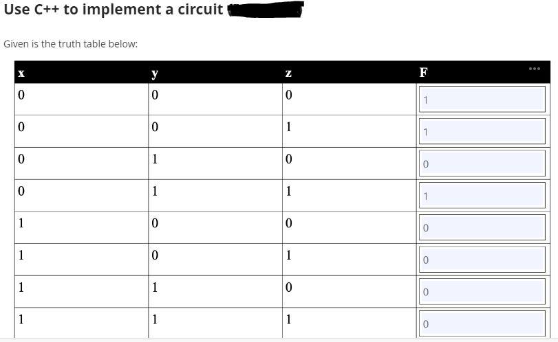  Use C++ to implement a circuit Given is the truth table