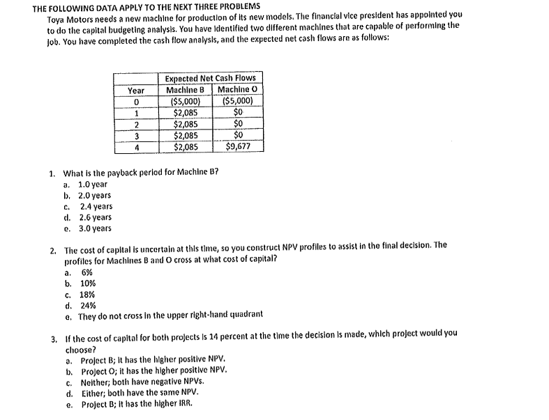 THE FOLLOWING DATA APPLY TO THE NEXT THREE PROBLEMS Toya Motors