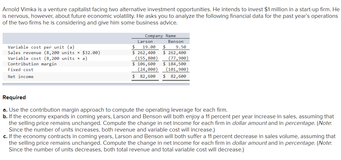 Arnold Vimka is a venture capitalist facing two alternative investment opportunities.