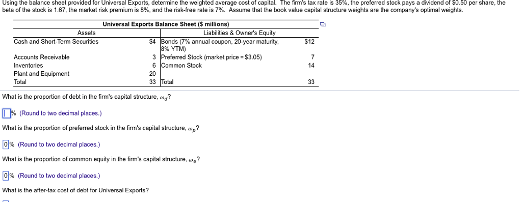 Using the balance sheet provided for Universal Exports, determine the weighted