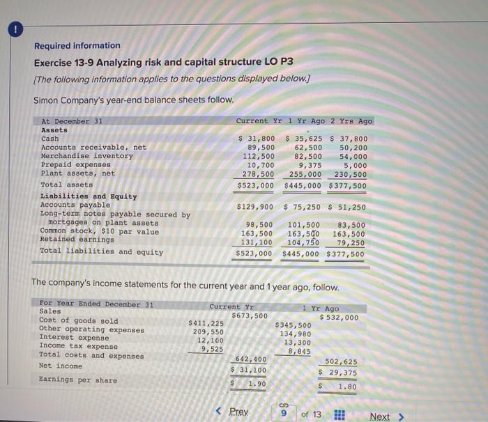  ! Required information Exercise 13-9 Analyzing risk and capital structure LO