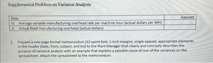 work backwards from Standard Quantity and Standard Hours). Supplemental Problem on Variance