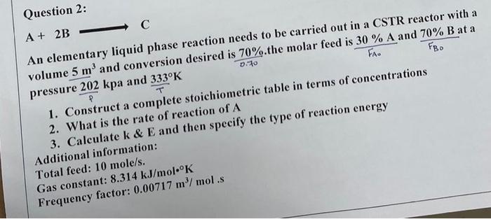  Question 2: A+2BC An elementary liquid phase reaction needs to be