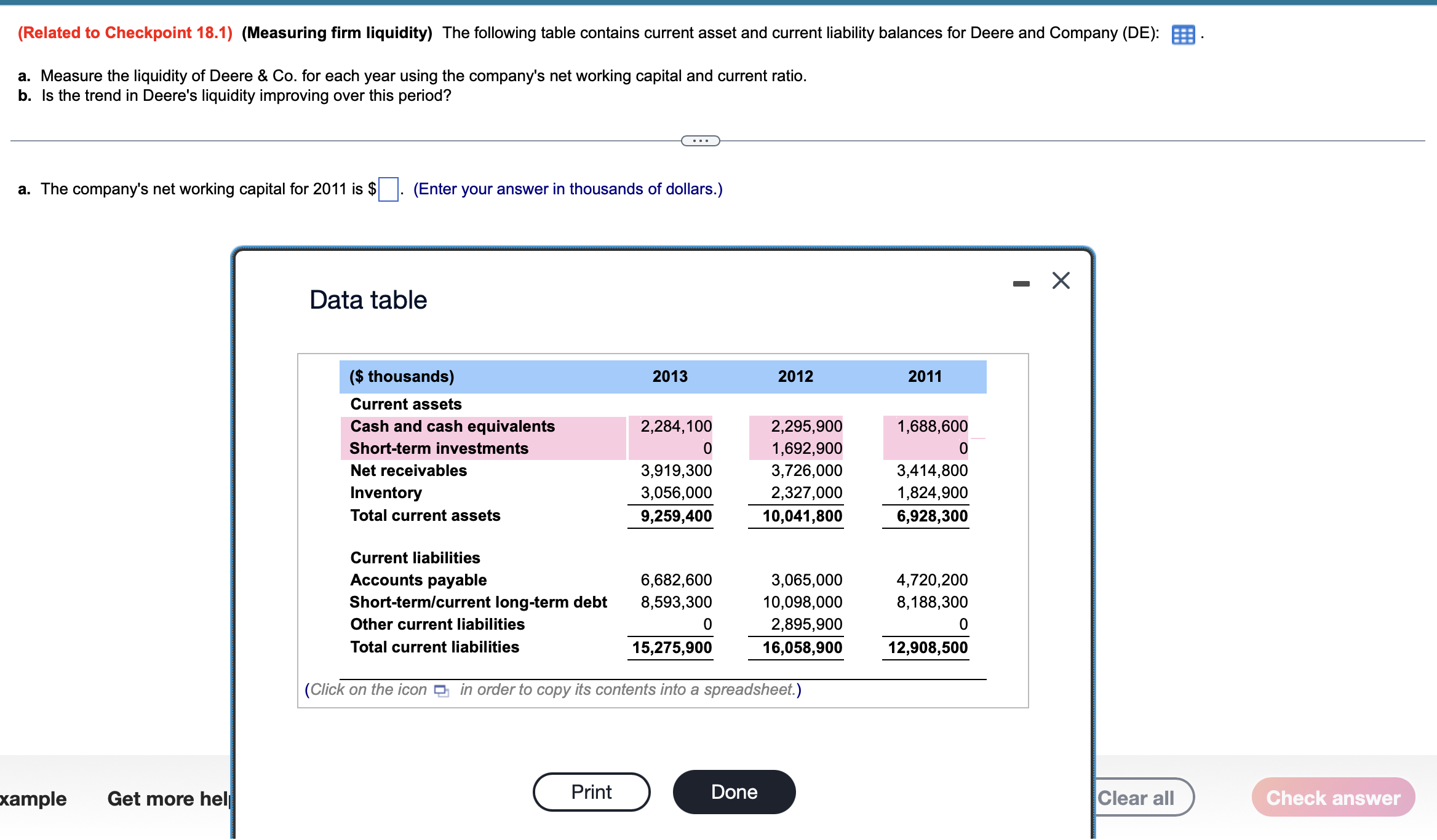  (Related to Checkpoint 18.1)(Measuring firm liquidity) The following table contains current