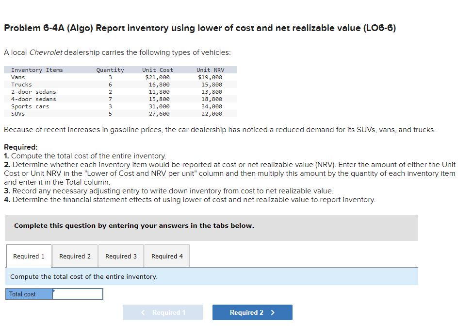  Problem 6-4A (Algo) Report inventory using lower of cost and net
