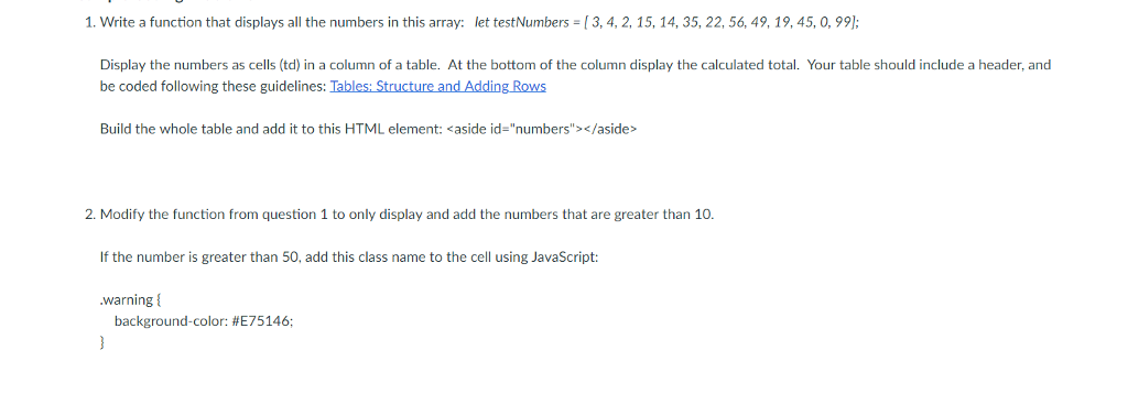  javascript 1. Write a function that displays all the numbers in