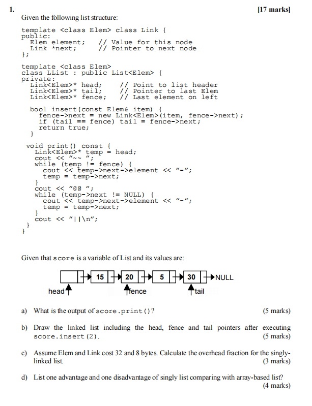 Given the following list structure: template class Link { public: Elem element;