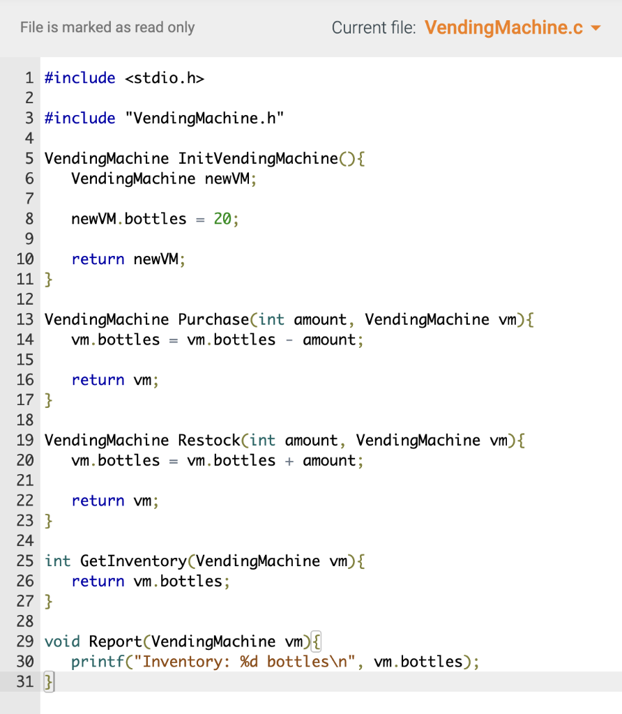 bottles to restock, create a VendingMachine variable that performs the following operations: