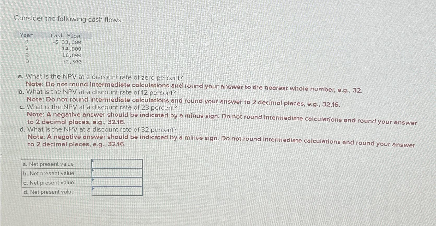  Consider the following cash flows: \table[[Year,Cash Flow],[0,-$33,000 