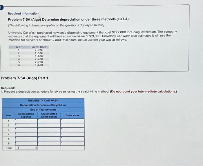  Required information Problem 7-5A (Algo) Determine depreciation under three methods (LO7-4)
