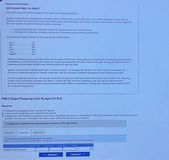 please help with Requirements 2&3!! Required information SB Problem PAB-1 to PAB-3