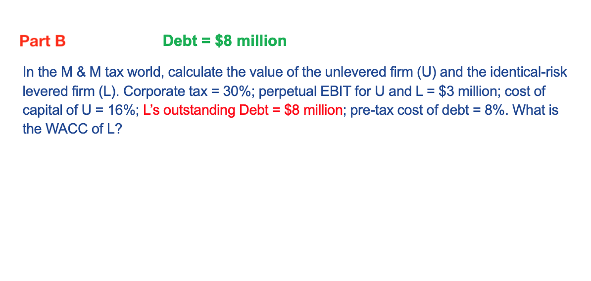 of Debt Vy = S, +D=V2 If total value is $20 million