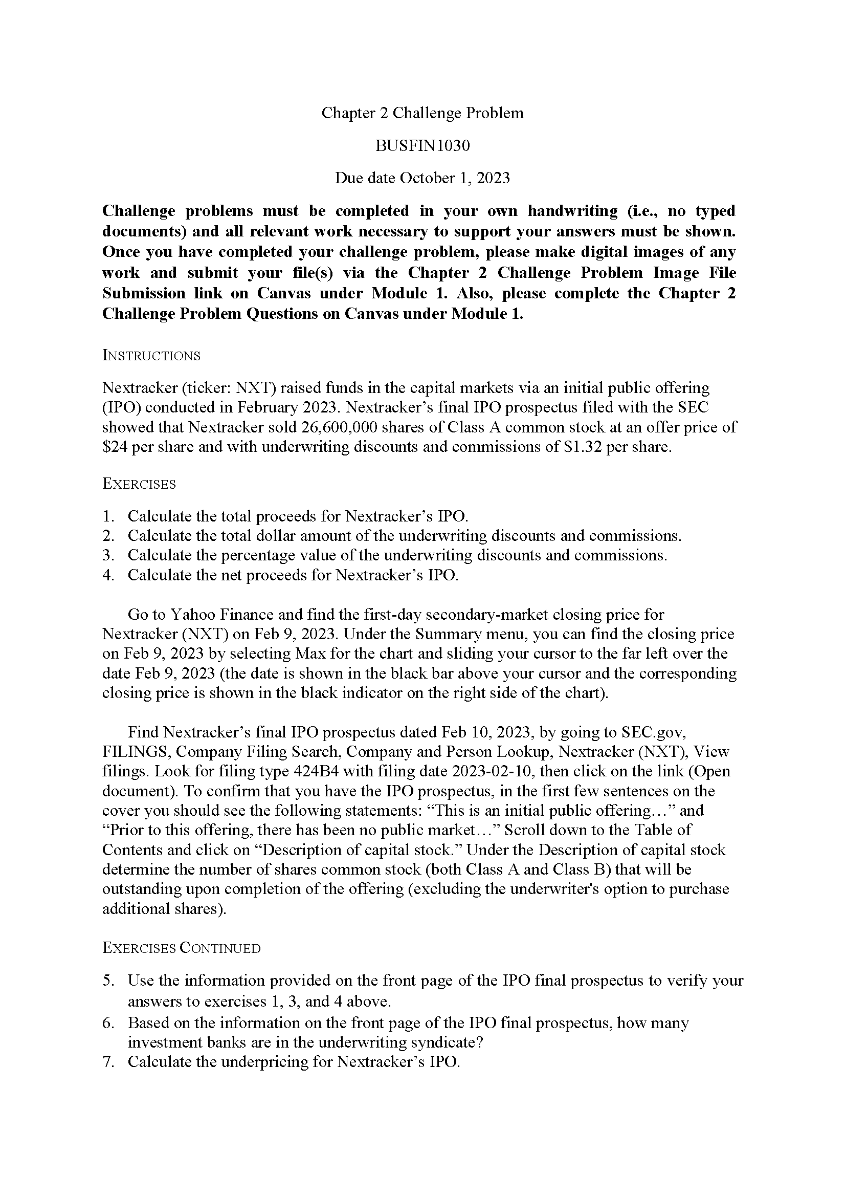  Chapter 2 Challenge Problem BUSFIN 1030 Due date October 1, 2023