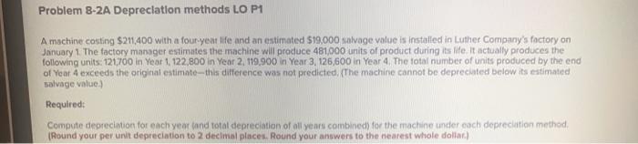  Problem 8-2A Depreciation methods LO P1 A machine costing $211.400 with