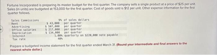  Fortune Incorporated is preparing its master budget for the first quarter.