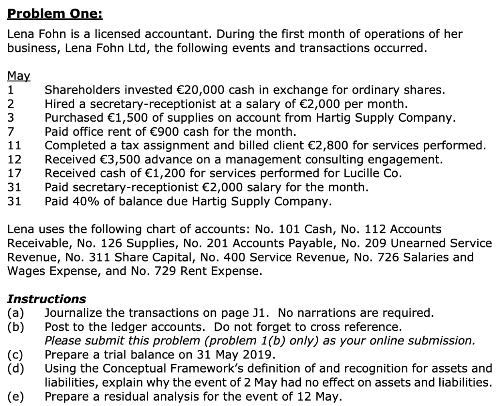  Problem One: Lena Fohn is a licensed accountant. During the first