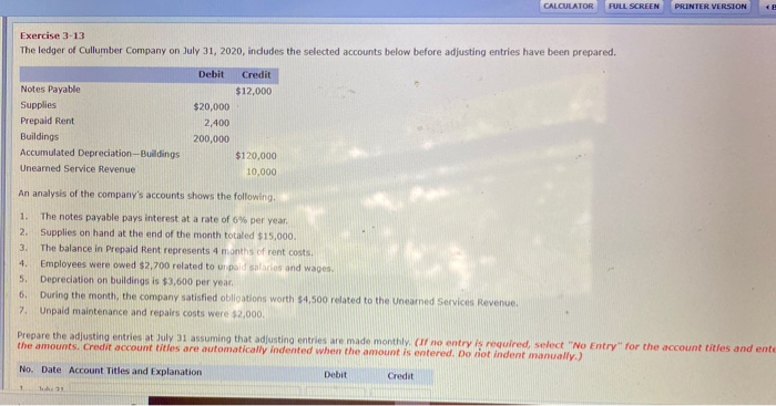  CALCULATOR FULL SCREEN PRINTER VERSION Exercise 3-13 The ledger of Cullumber