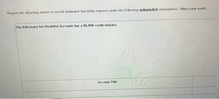 Show your work. Allowance for Doubtful Accounts has a \$2,000 debit balance.