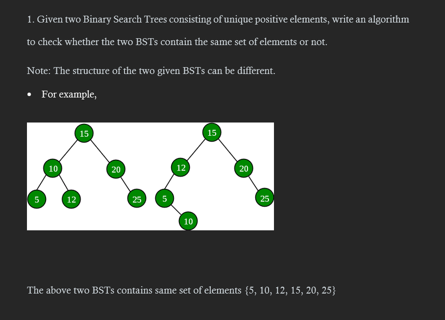  Given two Binary Search Trees consisting of unique positive elements, write