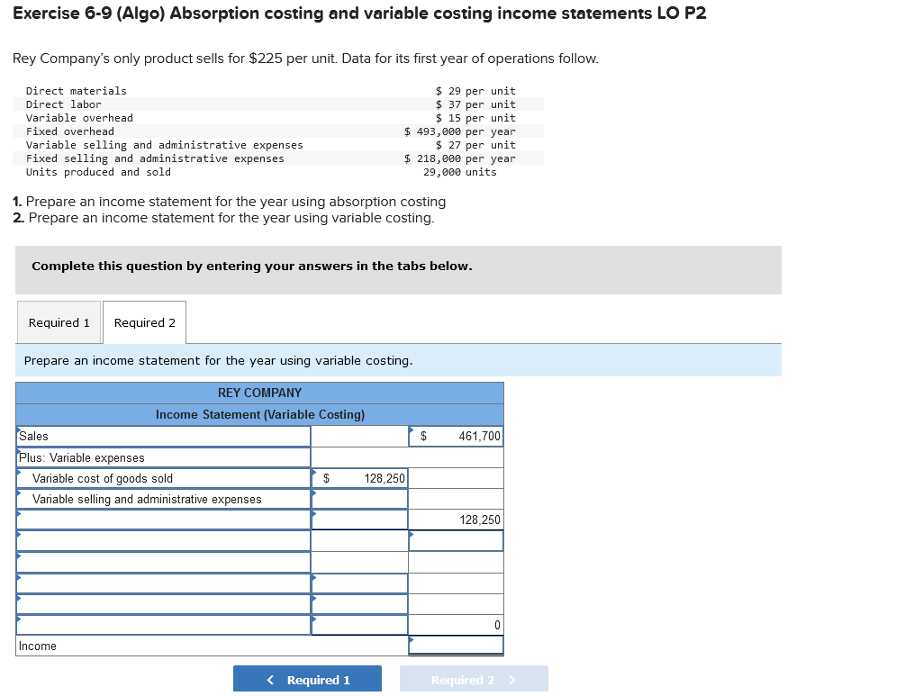 Exercise 6-9 (Algo) Absorption costing and variable costing income statements LO