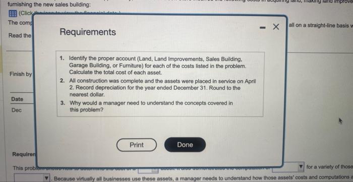 Garage Building, or Fumiture) for each of the costs listed in the