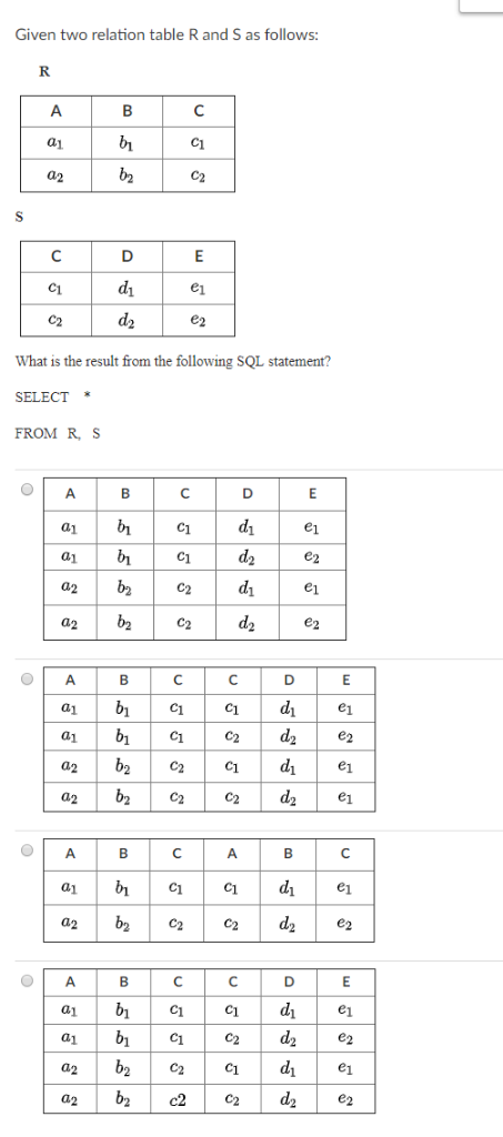  Given two relation table R and S as follows a1 a2