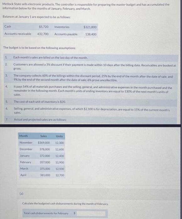  Metlock State sells electronic products. The controller is responsible for preparing