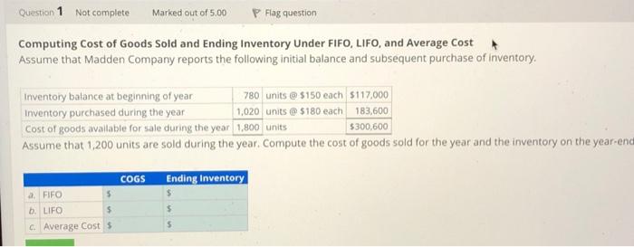  Question 1 Not complete Marked out of 5.00 Computing Cost of