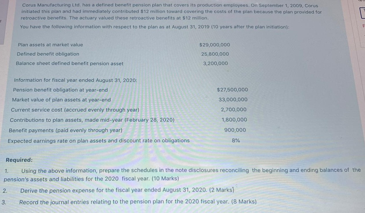 Please answer the following: Corus Manufacturing Ltd. has a defined benefit pension