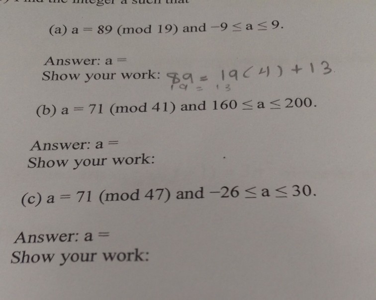  find integer such that (a) a 89 (mod 19) and-9 a